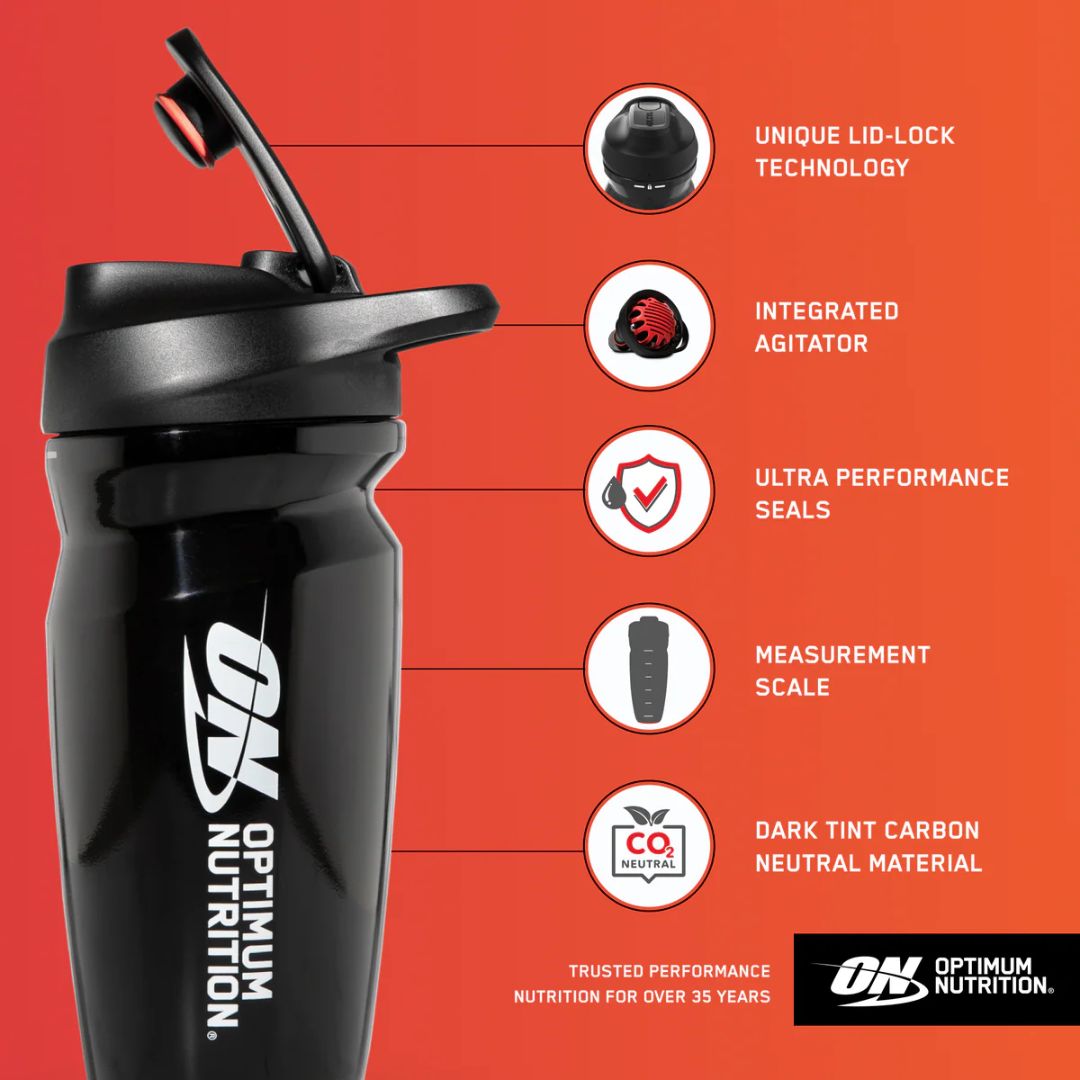 Opti-Lock™ Shaker by Optimum Nutrition – leak-proof protein shaker with snap-fit agitator, flip cap, and integrated carrying loop