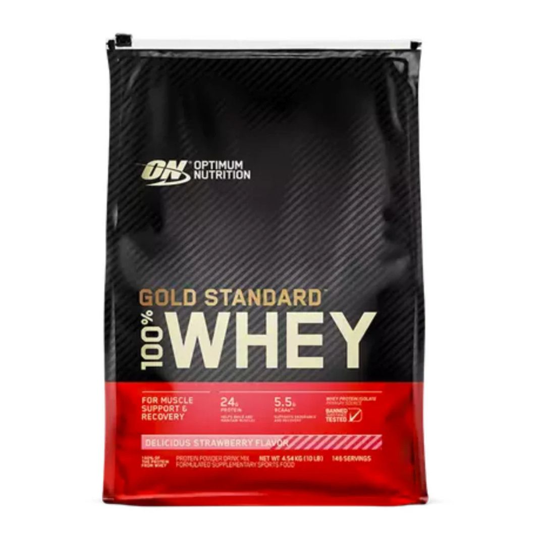 Optimum Nutrition Gold Standard 100% Whey Protein powder tub – premium whey isolate supplement for muscle recovery and growth, available from Nutrition Capital.