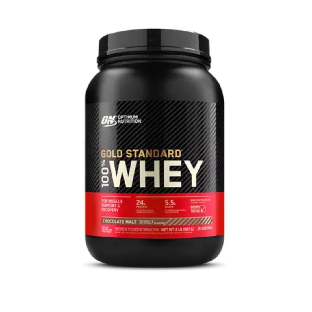 Optimum Nutrition Gold Standard 100% Whey Protein powder tub – premium whey isolate supplement for muscle recovery and growth, available from Nutrition Capital.