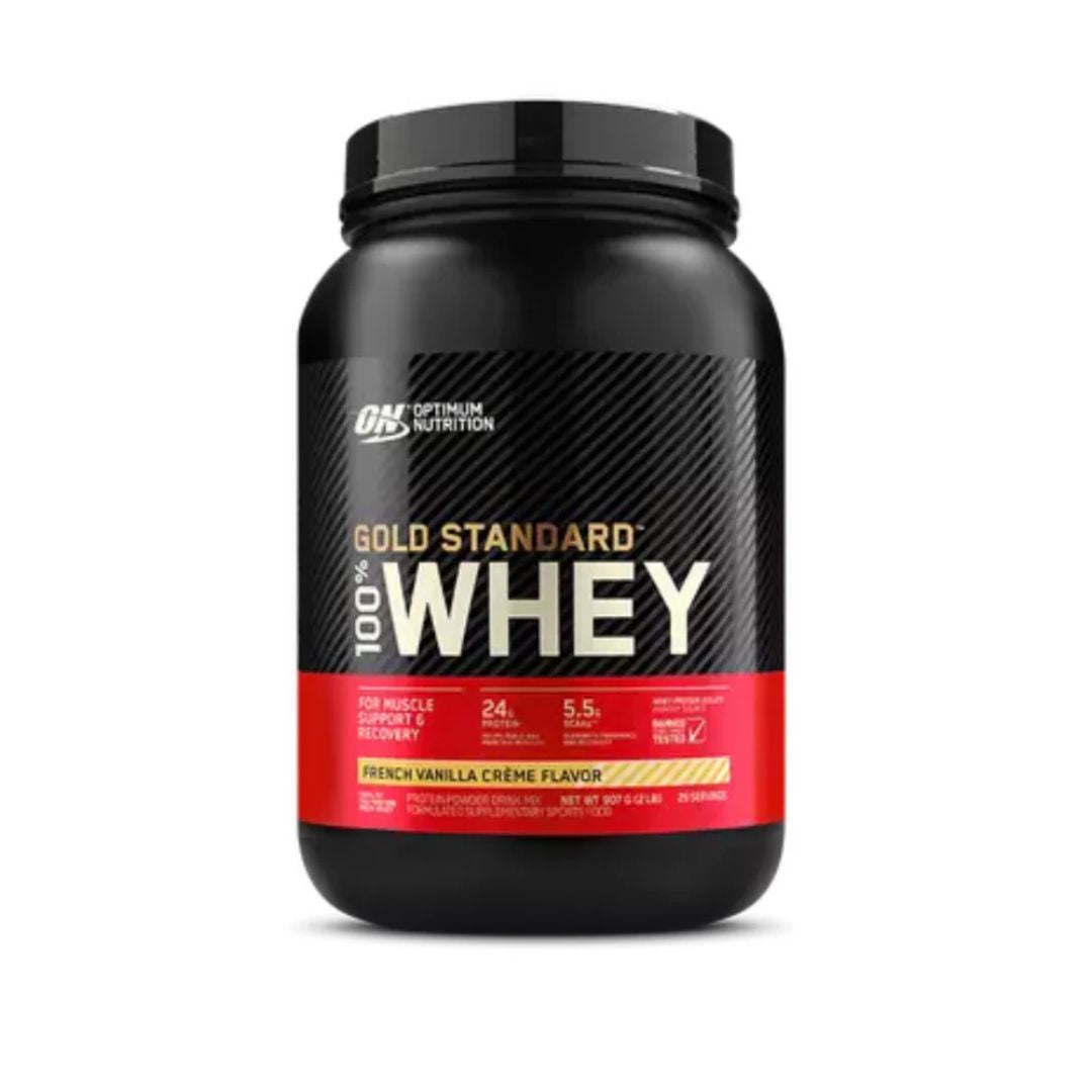 Optimum Nutrition Gold Standard 100% Whey Protein powder tub – premium whey isolate supplement for muscle recovery and growth, available from Nutrition Capital.