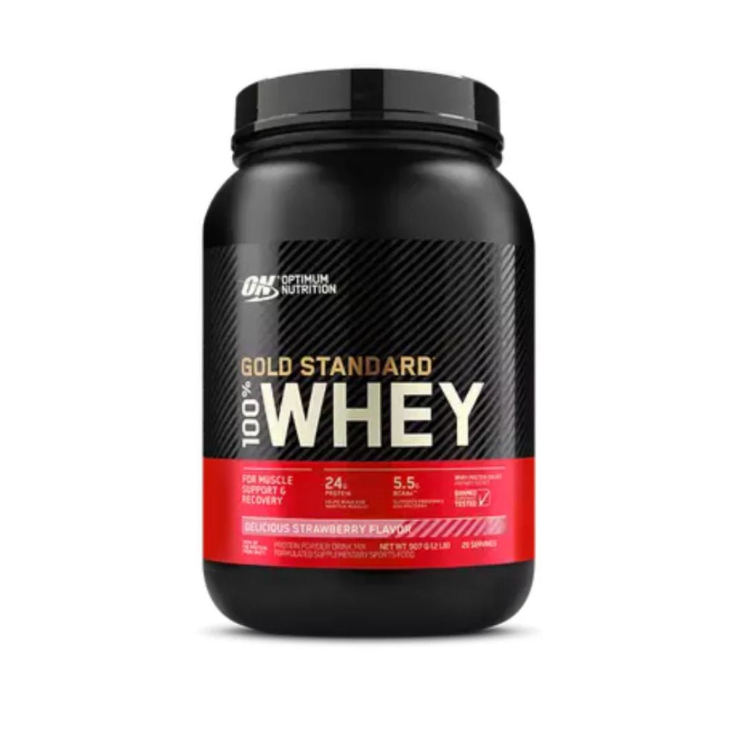 Optimum Nutrition Gold Standard 100% Whey Protein powder tub – premium whey isolate supplement for muscle recovery and growth, available from Nutrition Capital.