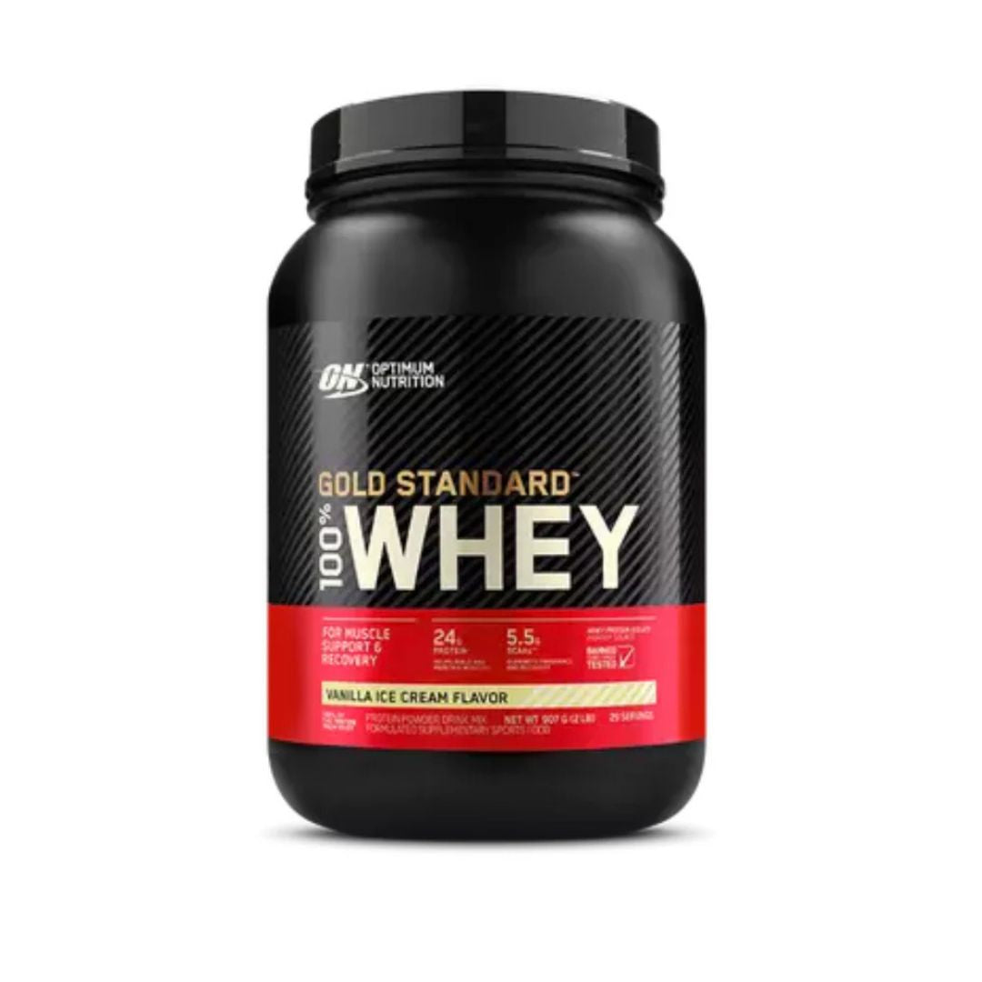 Optimum Nutrition Gold Standard 100% Whey Protein powder tub – premium whey isolate supplement for muscle recovery and growth, available from Nutrition Capital.