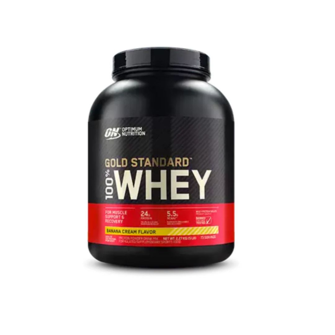Optimum Nutrition Gold Standard 100% Whey Protein powder tub – premium whey isolate supplement for muscle recovery and growth, available from Nutrition Capital.