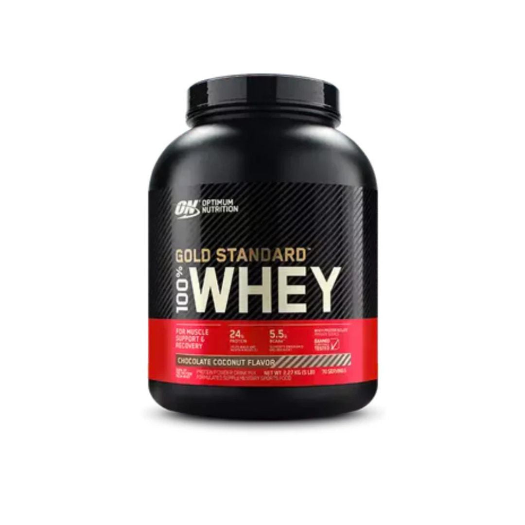 Optimum Nutrition Gold Standard 100% Whey Protein powder tub – premium whey isolate supplement for muscle recovery and growth, available from Nutrition Capital.