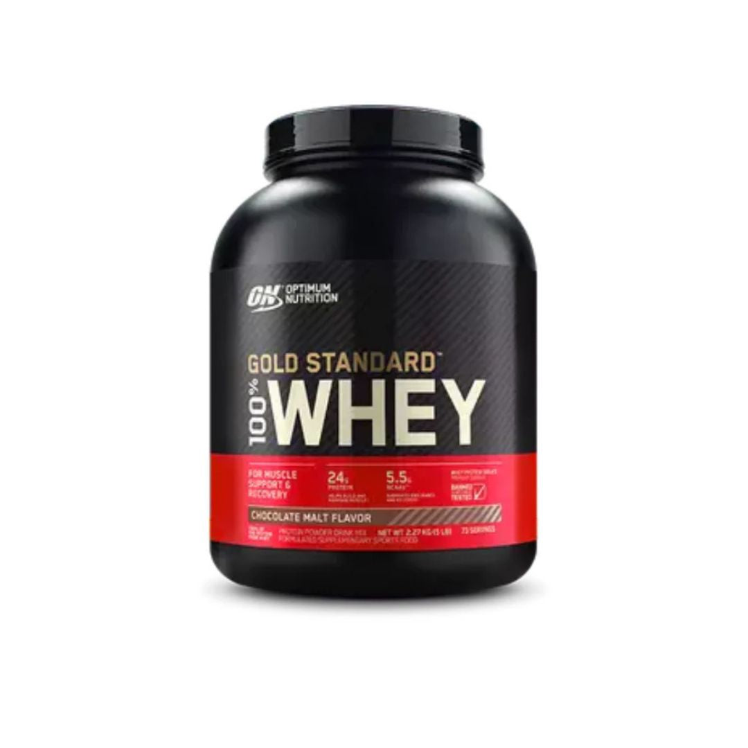 Optimum Nutrition Gold Standard 100% Whey Protein powder tub – premium whey isolate supplement for muscle recovery and growth, available from Nutrition Capital.