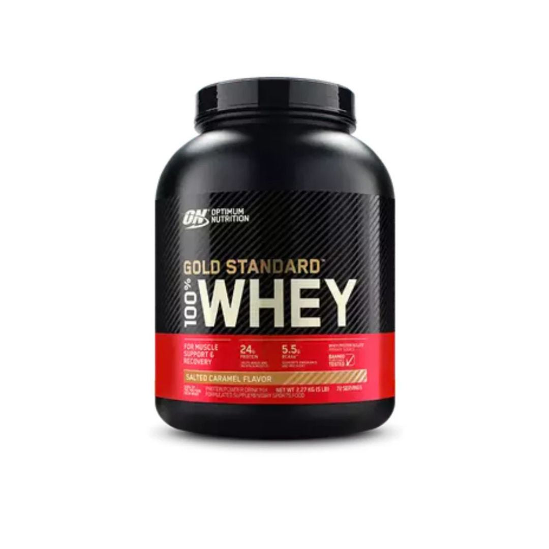 Optimum Nutrition Gold Standard 100% Whey Protein powder tub – premium whey isolate supplement for muscle recovery and growth, available from Nutrition Capital.