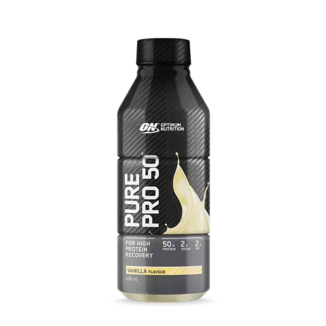 Optimum Nutrition Pure Pro 50 protein shake bottle – thick and creamy ready-to-drink beverage with 50g milk and whey protein rich in essential amino acids and BCAAs from Nutrition Capital Australia