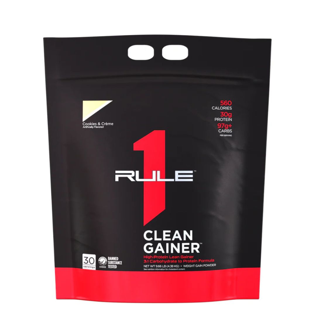 Rule 1 Clean Gainer protein powder – premium lean mass gainer supplement with 30g protein and 560 calories per serve from Nutrition Capital Australia