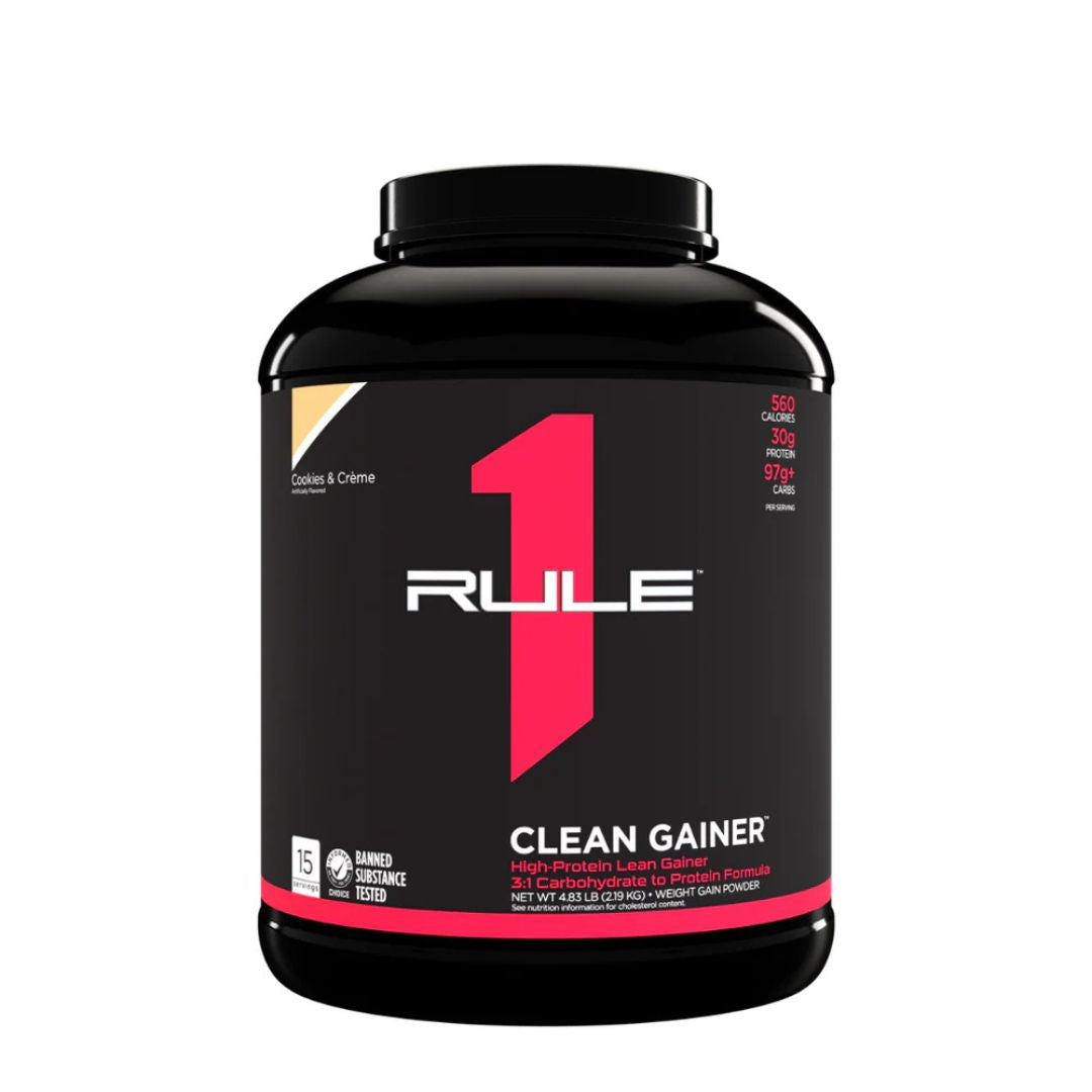 Rule 1 Clean Gainer protein powder – premium lean mass gainer supplement with 30g protein and 560 calories per serve from Nutrition Capital Australia