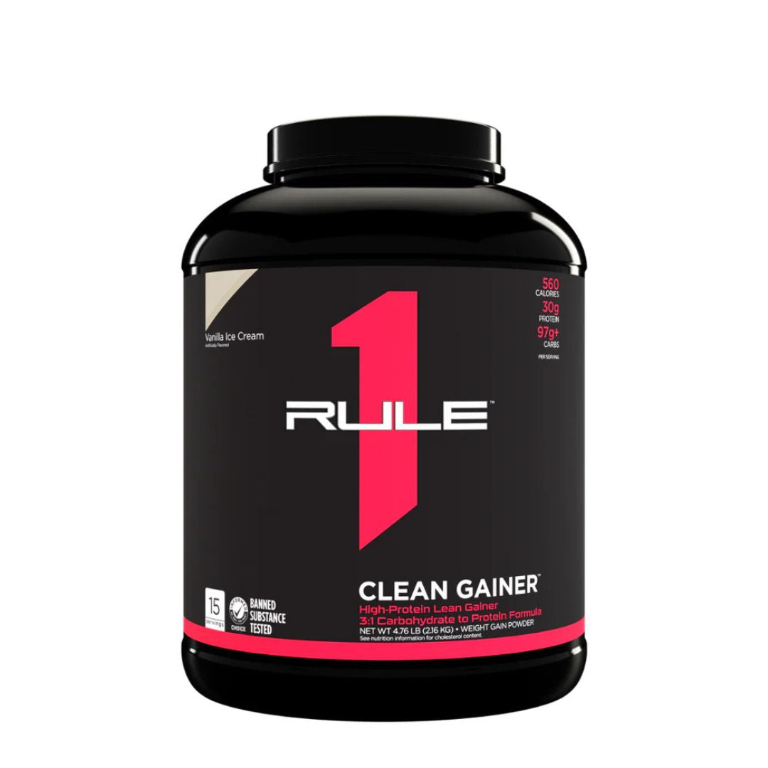 Rule 1 Clean Gainer protein powder – premium lean mass gainer supplement with 30g protein and 560 calories per serve from Nutrition Capital Australia