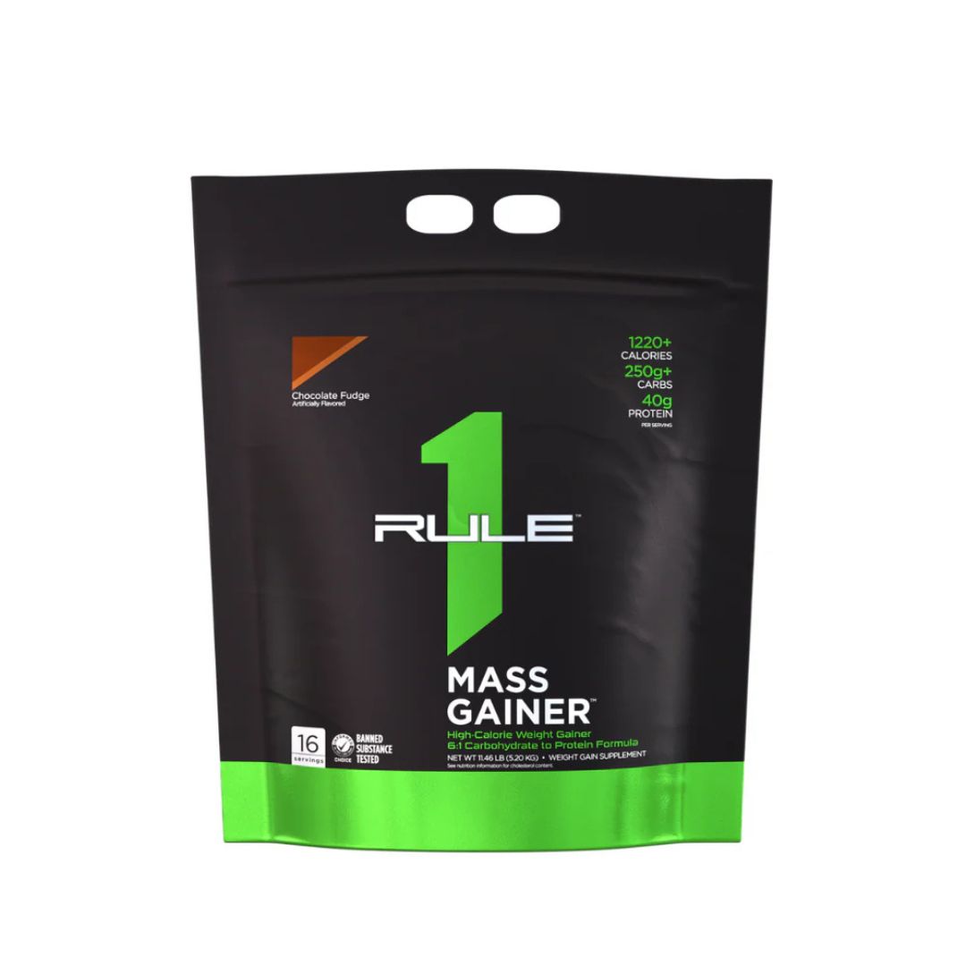 Rule 1 Mass Gainer protein powder tub – premium high-calorie mass gainer supplement for muscle growth, available at Nutrition Capital Australia.