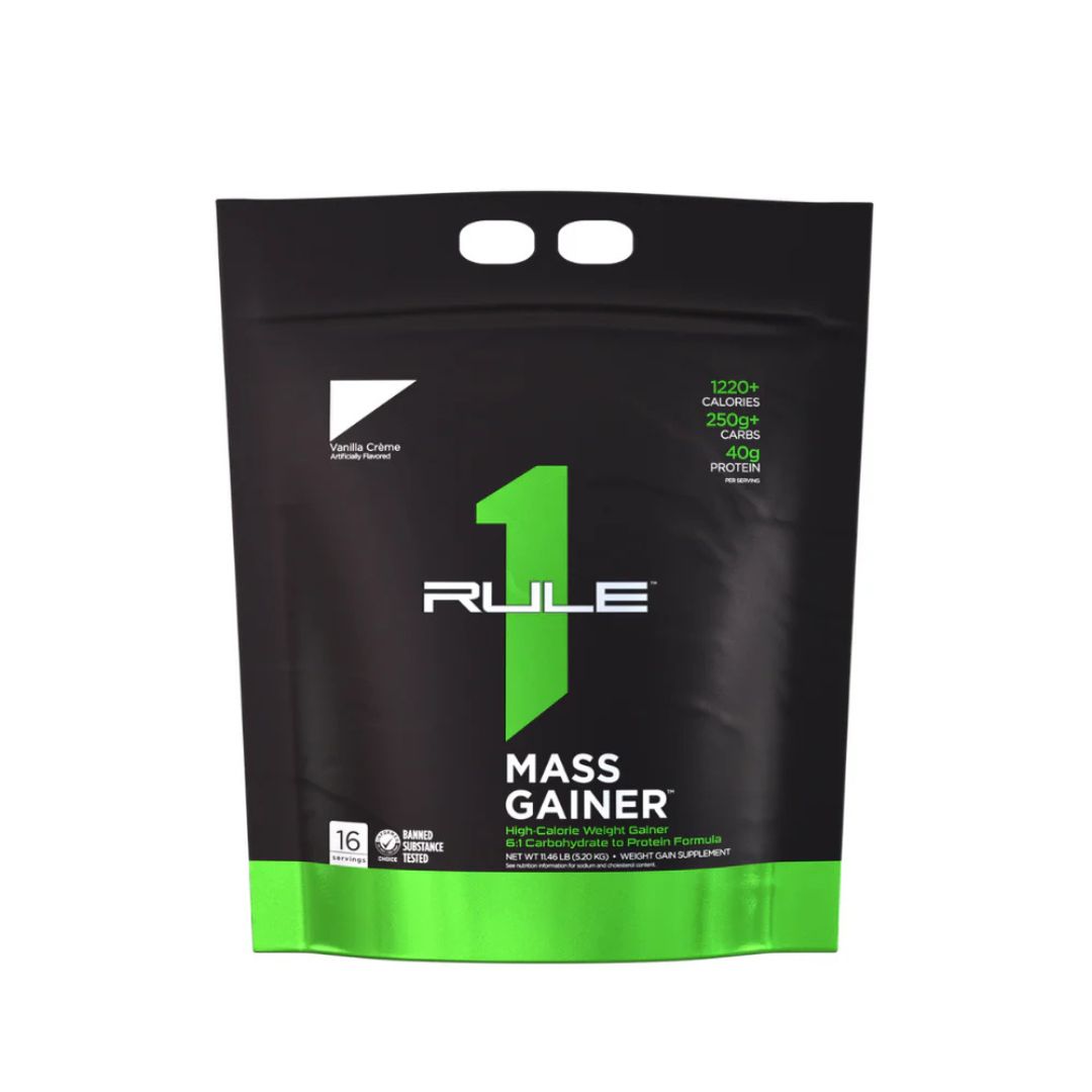 Rule 1 Mass Gainer protein powder tub – premium high-calorie mass gainer supplement for muscle growth, available at Nutrition Capital Australia.
