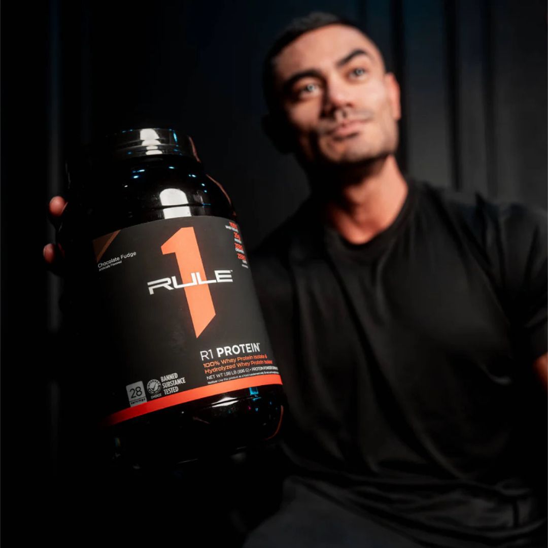 Rule1 Whey Protein Isolate (WPI) – premium low-carb protein powder for lean muscle and fast recovery, available at Nutrition Capital.