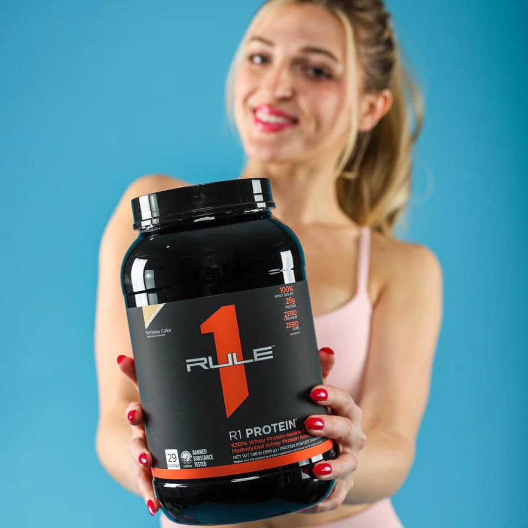 Rule1 Whey Protein Isolate (WPI) – premium low-carb protein powder for lean muscle and fast recovery, available at Nutrition Capital.