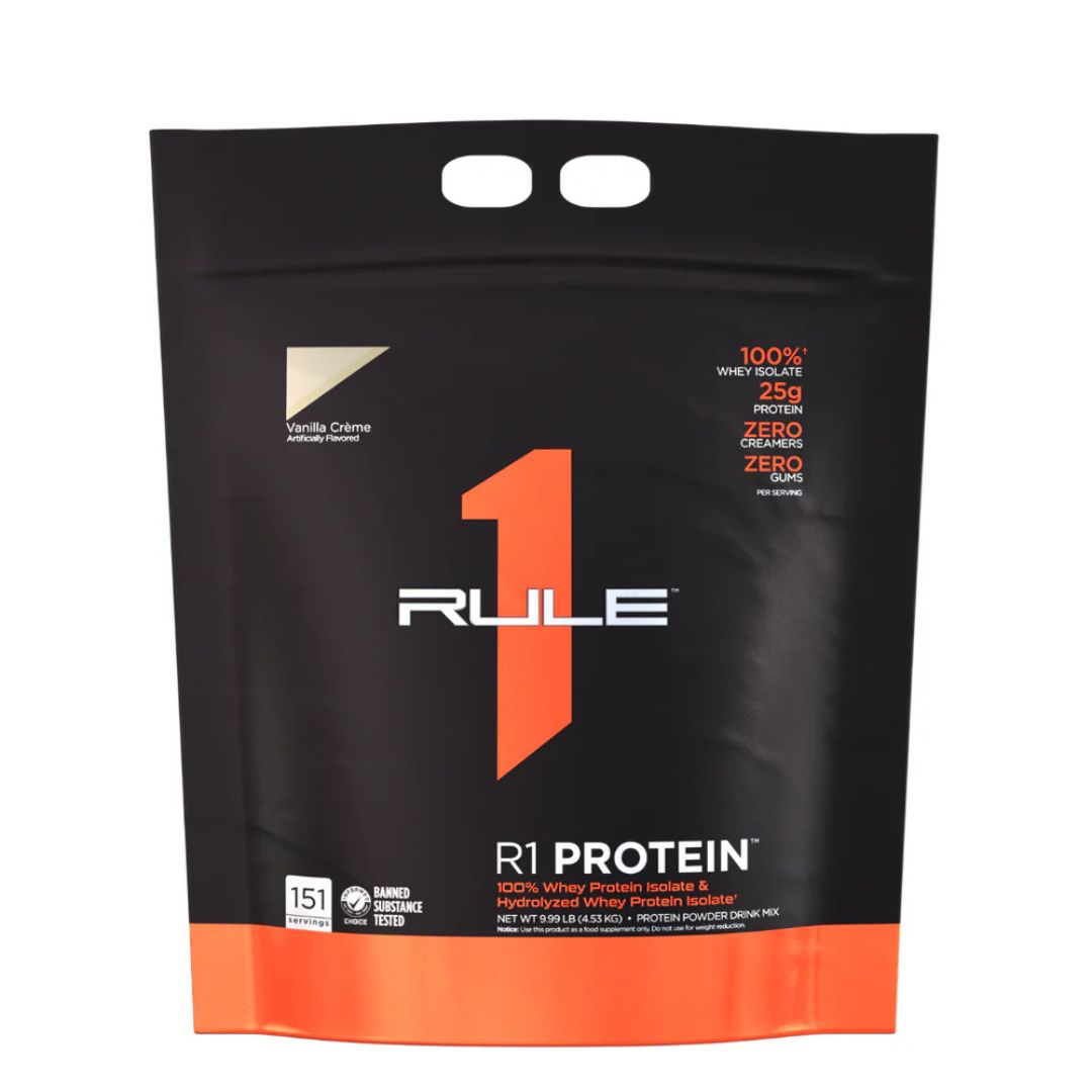 Rule1 Whey Protein Isolate (WPI) – premium low-carb protein powder for lean muscle and fast recovery, available at Nutrition Capital.