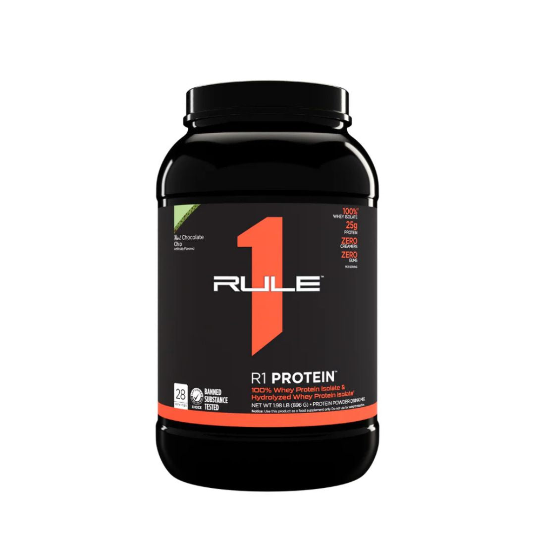 Rule1 Whey Protein Isolate (WPI) – premium low-carb protein powder for lean muscle and fast recovery, available at Nutrition Capital.