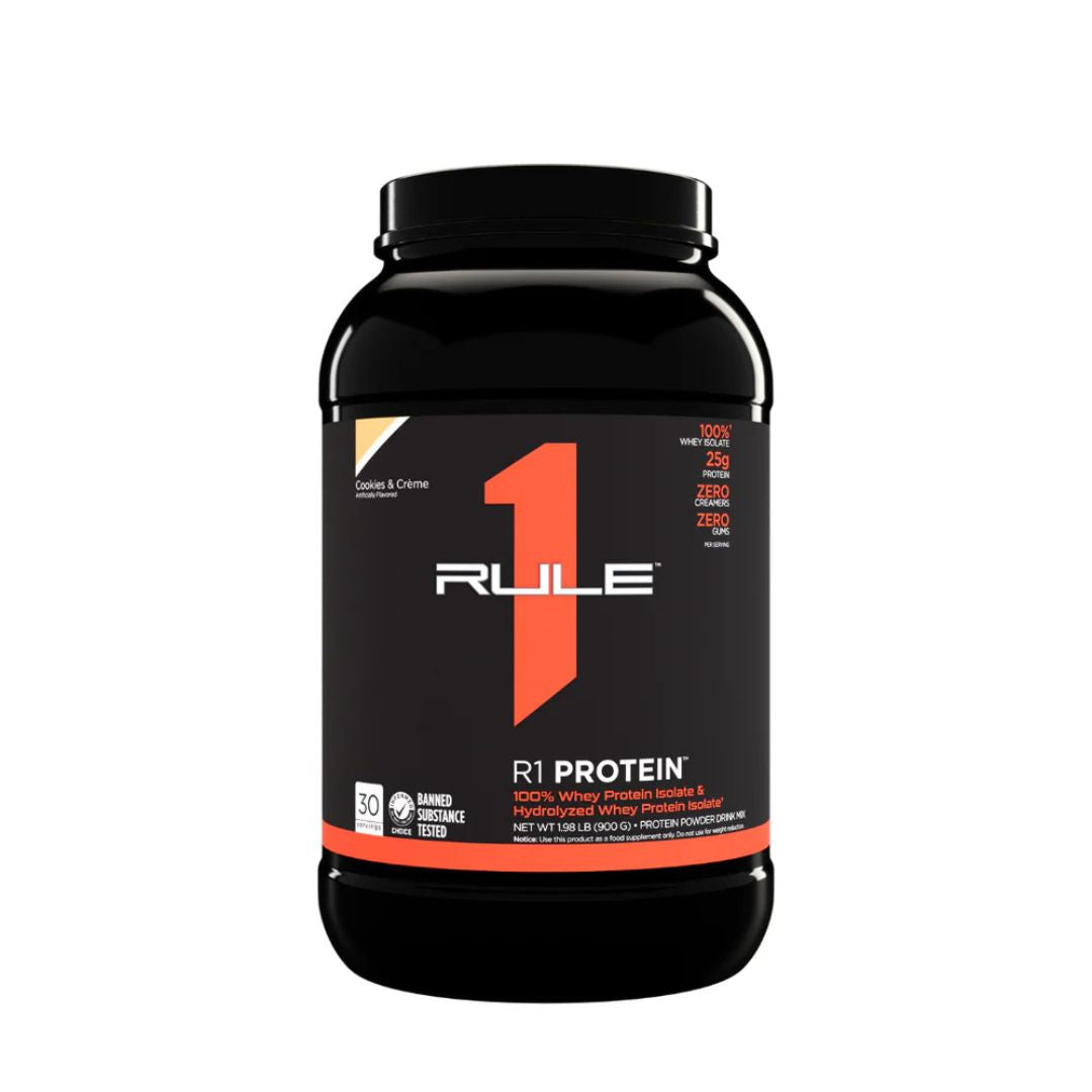 Rule1 Whey Protein Isolate (WPI) – premium low-carb protein powder for lean muscle and fast recovery, available at Nutrition Capital.