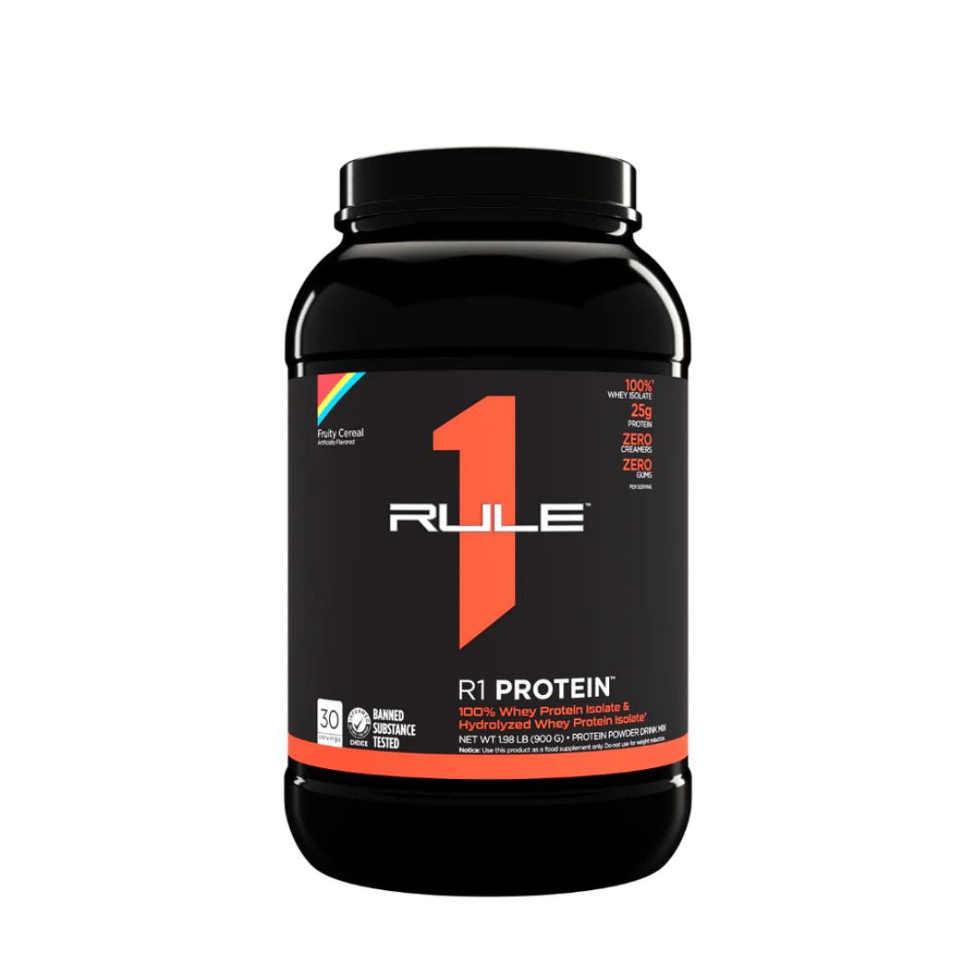 Rule1 Whey Protein Isolate (WPI) – premium low-carb protein powder for lean muscle and fast recovery, available at Nutrition Capital.