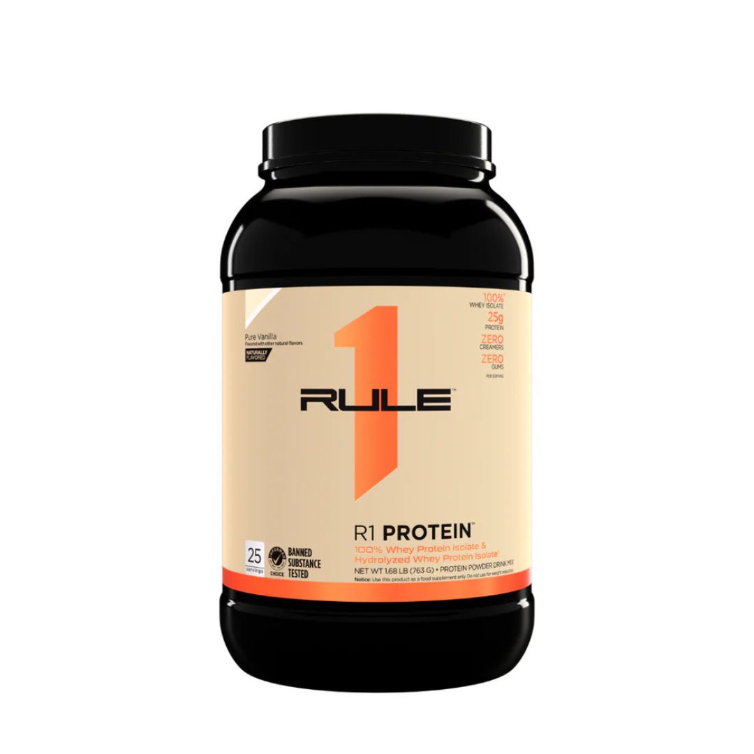 Rule1 Whey Protein Isolate (WPI) – premium low-carb protein powder for lean muscle and fast recovery, available at Nutrition Capital.