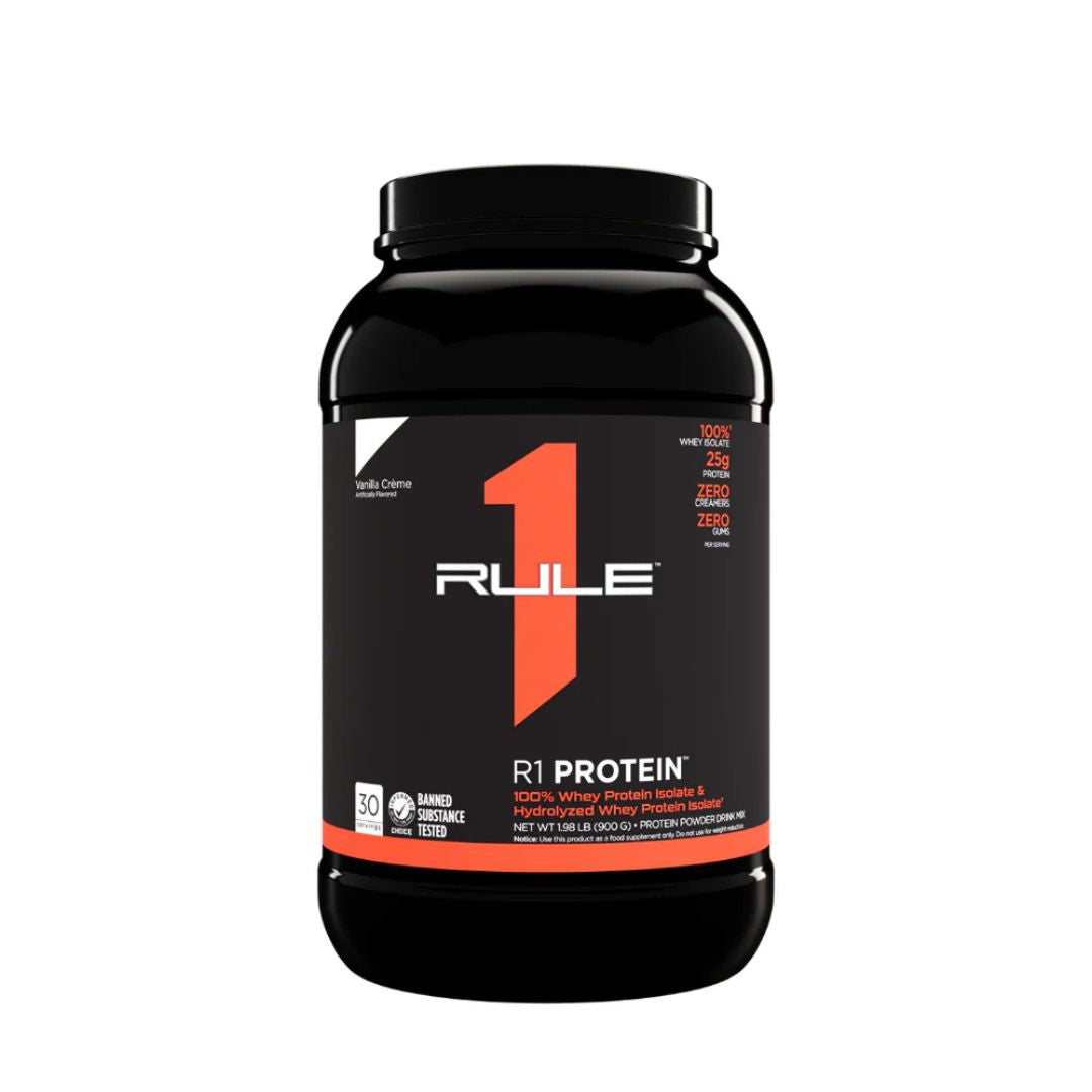 Rule1 Whey Protein Isolate (WPI) – premium low-carb protein powder for lean muscle and fast recovery, available at Nutrition Capital.