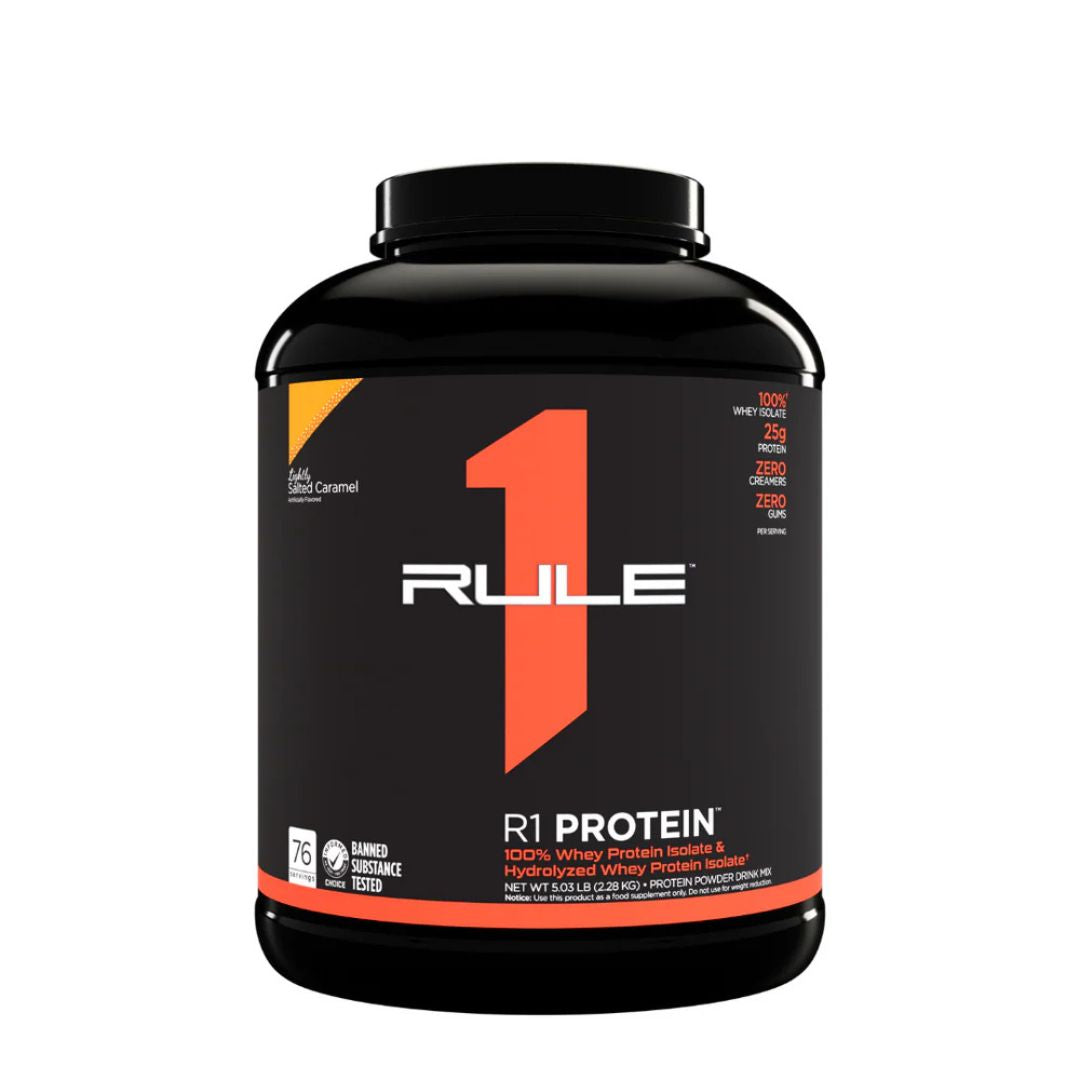 Rule1 Whey Protein Isolate (WPI) – premium low-carb protein powder for lean muscle and fast recovery, available at Nutrition Capital.