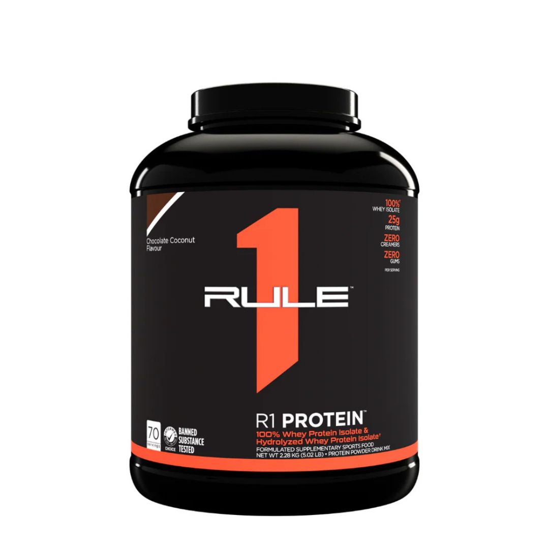 Rule1 Whey Protein Isolate (WPI) – premium low-carb protein powder for lean muscle and fast recovery, available at Nutrition Capital.