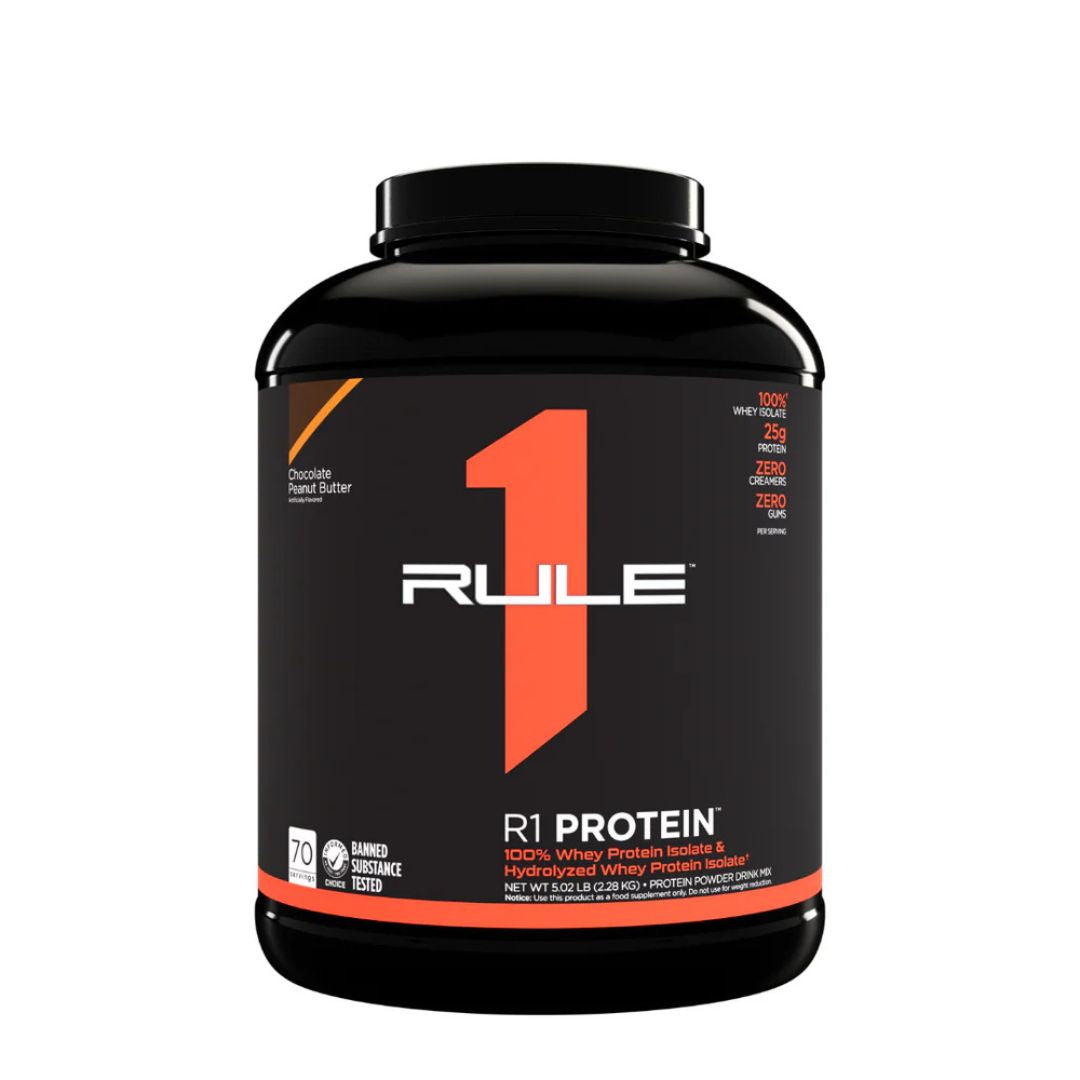Rule1 Whey Protein Isolate (WPI) – premium low-carb protein powder for lean muscle and fast recovery, available at Nutrition Capital.