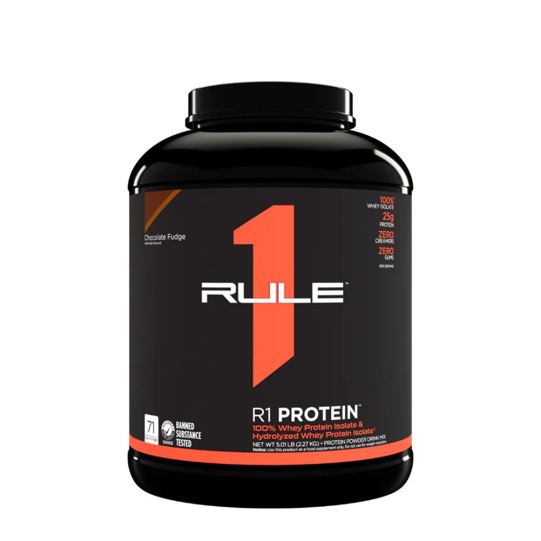 Rule1 Whey Protein Isolate (WPI) – premium low-carb protein powder for lean muscle and fast recovery, available at Nutrition Capital.