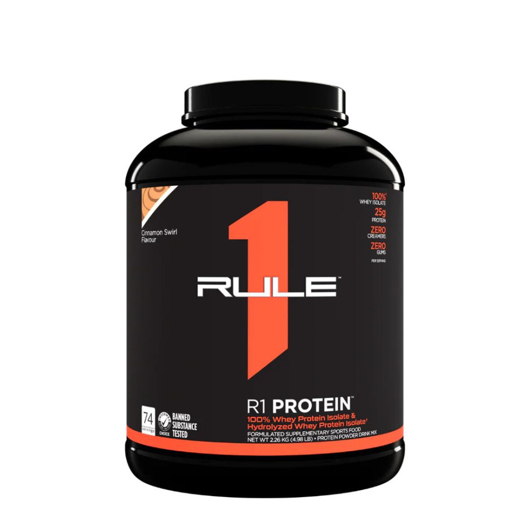Rule1 Whey Protein Isolate (WPI) – premium low-carb protein powder for lean muscle and fast recovery, available at Nutrition Capital.