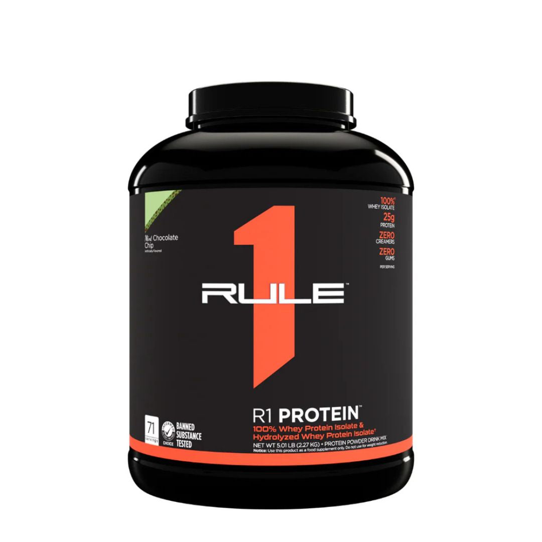Rule1 Whey Protein Isolate (WPI) – premium low-carb protein powder for lean muscle and fast recovery, available at Nutrition Capital.