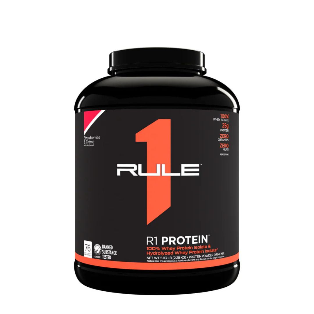 Rule1 Whey Protein Isolate (WPI) – premium low-carb protein powder for lean muscle and fast recovery, available at Nutrition Capital.