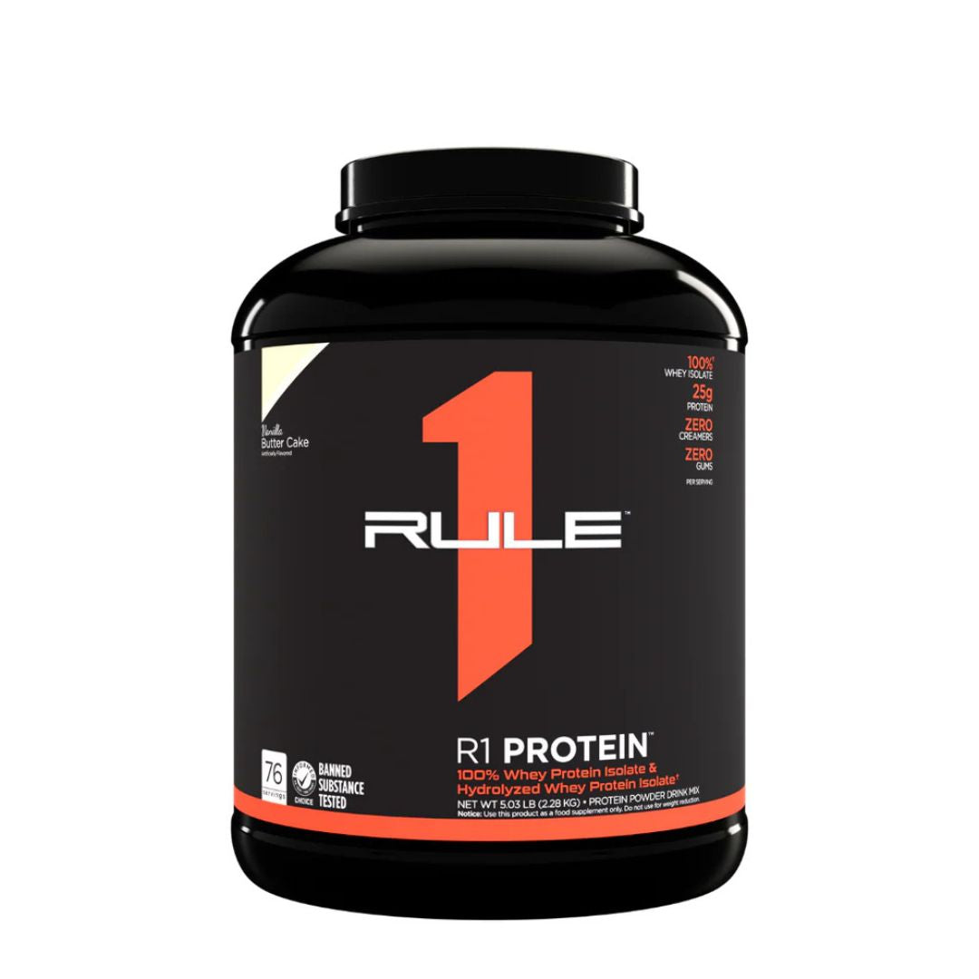 Rule1 Whey Protein Isolate (WPI) – premium low-carb protein powder for lean muscle and fast recovery, available at Nutrition Capital.