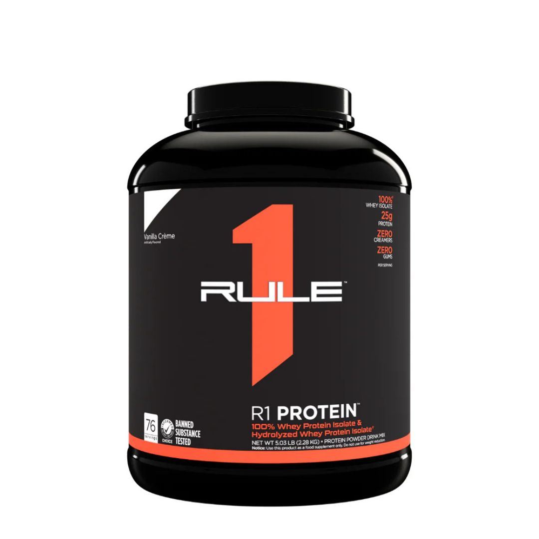Rule1 Whey Protein Isolate (WPI) – premium low-carb protein powder for lean muscle and fast recovery, available at Nutrition Capital.