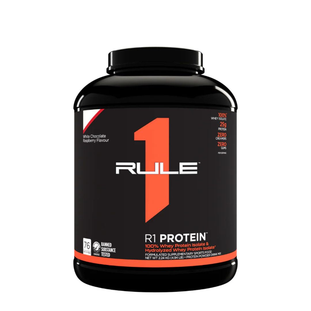 Rule1 Whey Protein Isolate (WPI) – premium low-carb protein powder for lean muscle and fast recovery, available at Nutrition Capital.