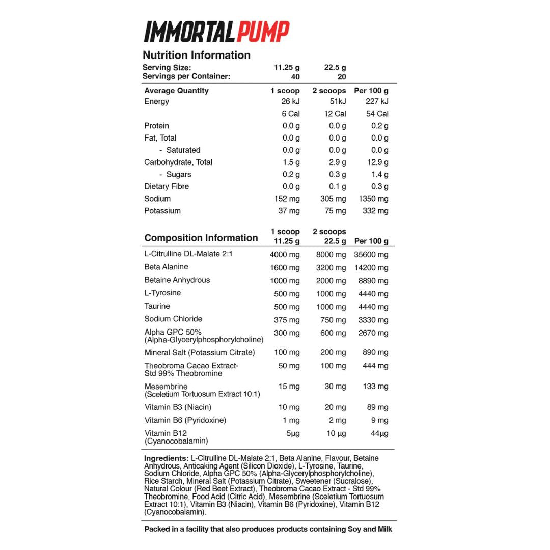 Immortal Pump non-stimulant pre-workout tub – caffeine-free muscle pump and focus supplement available at Nutrition Capital Australia.
