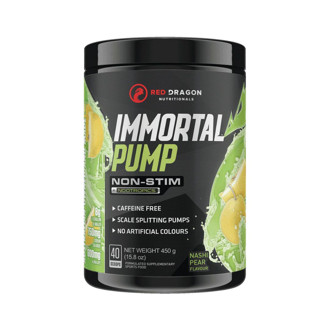 Immortal Pump non-stimulant pre-workout tub – caffeine-free muscle pump and focus supplement available at Nutrition Capital Australia.