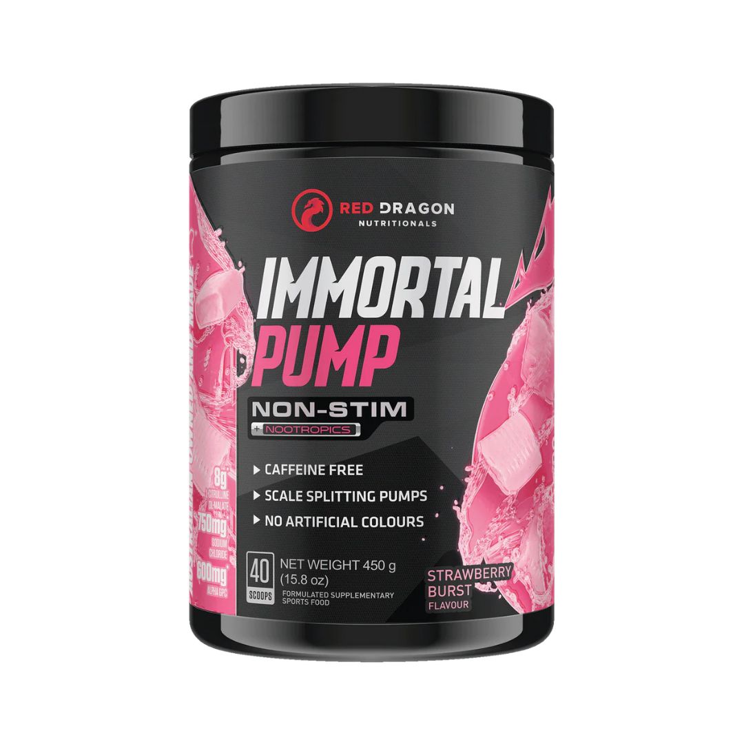 Immortal Pump non-stimulant pre-workout tub – caffeine-free muscle pump and focus supplement available at Nutrition Capital Australia.