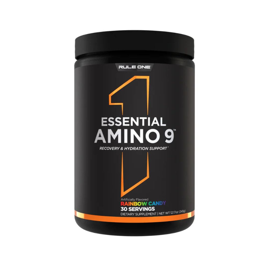 Rule 1 Essential Amino 9 supplement tub – complete EAA and BCAA recovery formula from Nutrition Capital Australia