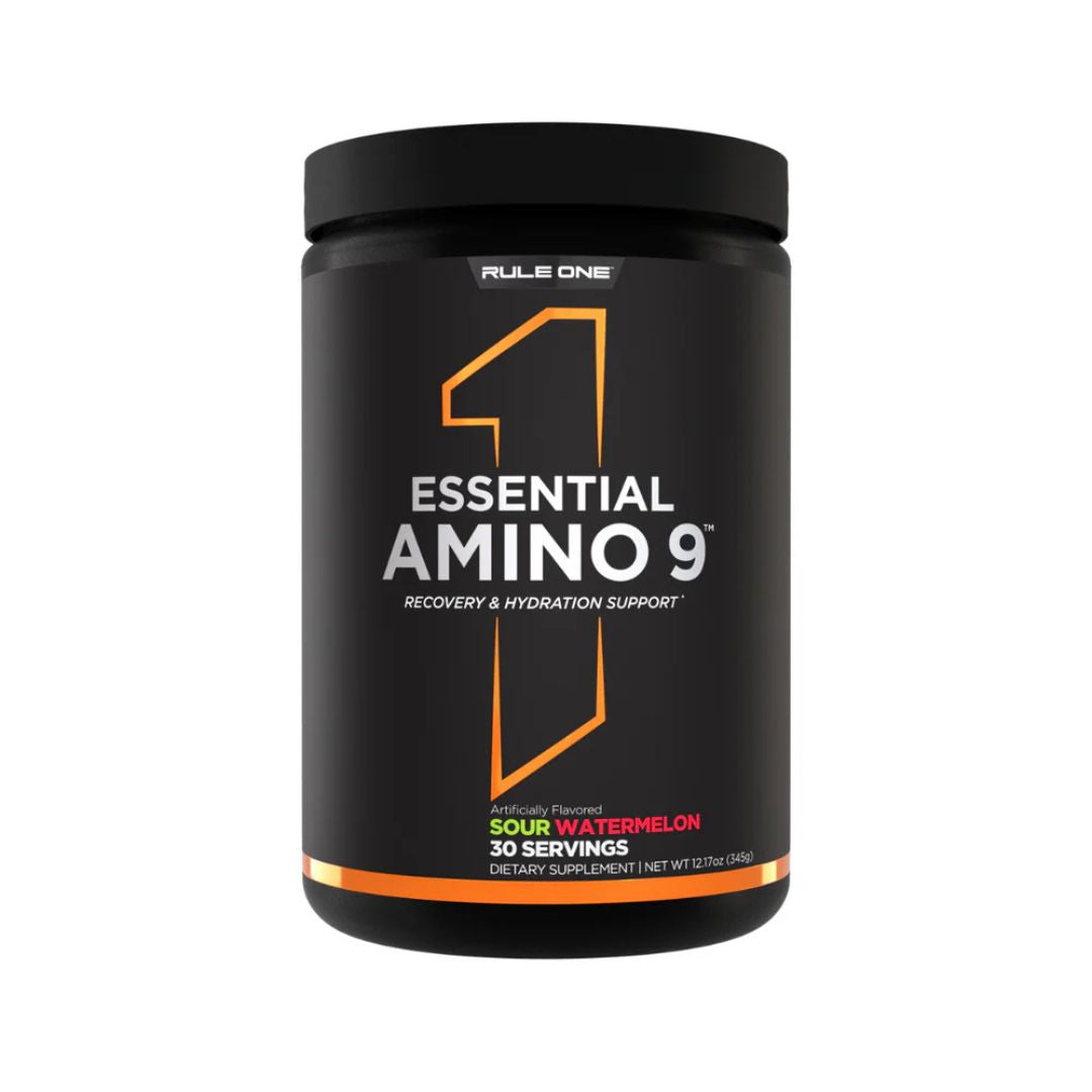 Rule 1 Essential Amino 9 supplement tub – complete EAA and BCAA recovery formula from Nutrition Capital Australia