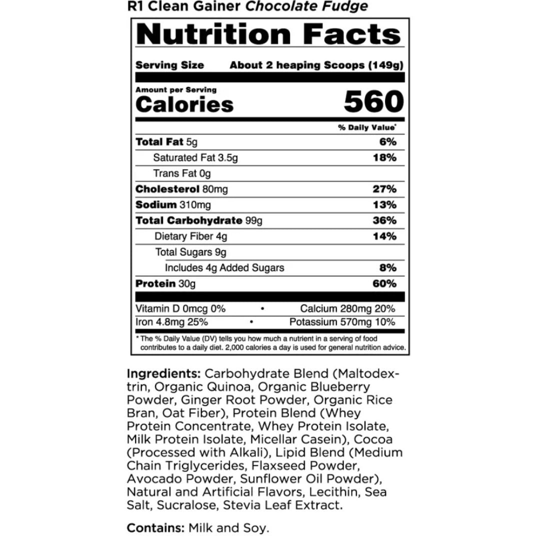 Rule 1 Clean Gainer protein powder – premium lean mass gainer supplement with 30g protein and 560 calories per serve from Nutrition Capital Australia