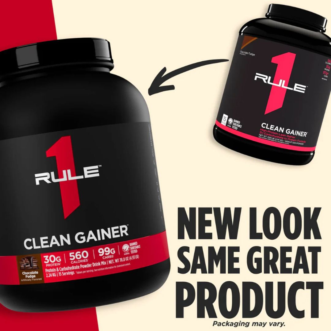Rule 1 Clean Gainer protein powder – premium lean mass gainer supplement with 30g protein and 560 calories per serve from Nutrition Capital Australia