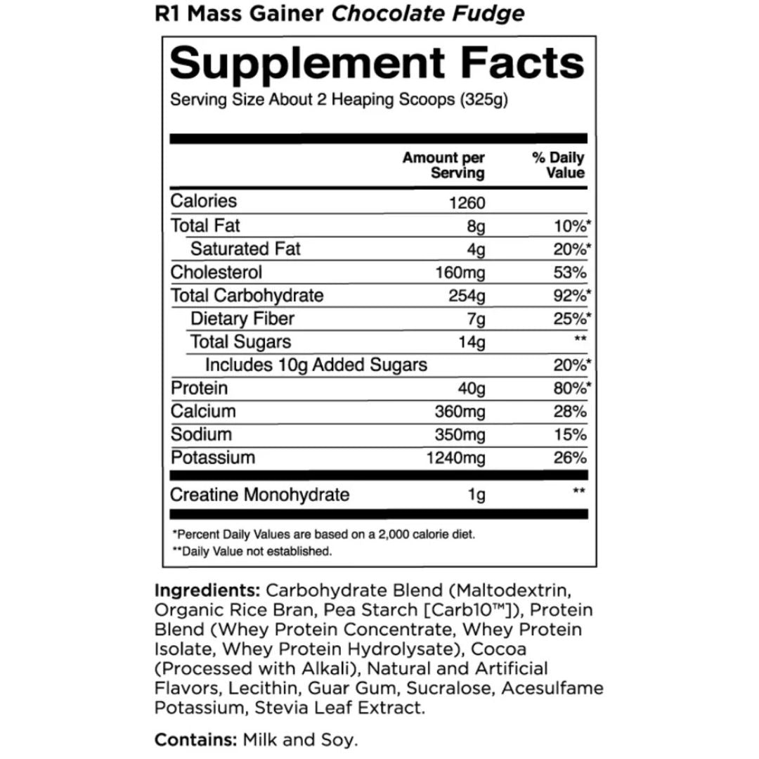 Rule 1 Mass Gainer protein powder tub – premium high-calorie mass gainer supplement for muscle growth, available at Nutrition Capital Australia.