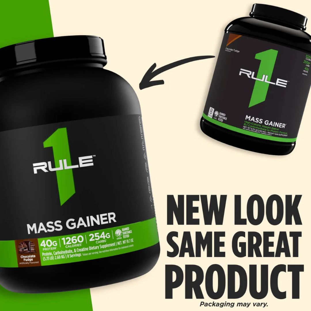 Rule 1 Mass Gainer protein powder tub – premium high-calorie mass gainer supplement for muscle growth, available at Nutrition Capital Australia.