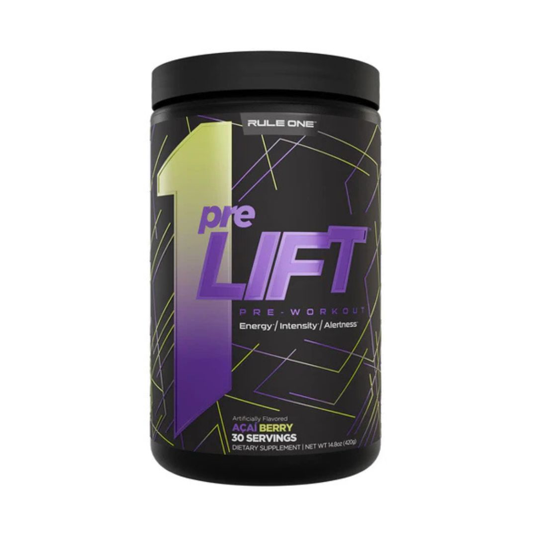 Rule 1 PreLIFT pre-workout supplement tub – high-performance energy and endurance formula available at Nutrition Capital Australia