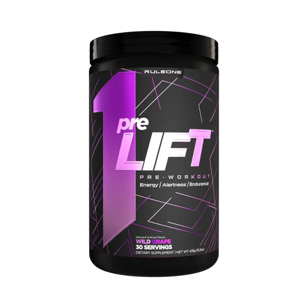 Rule 1 PreLIFT pre-workout supplement tub – high-performance energy and endurance formula available at Nutrition Capital Australia