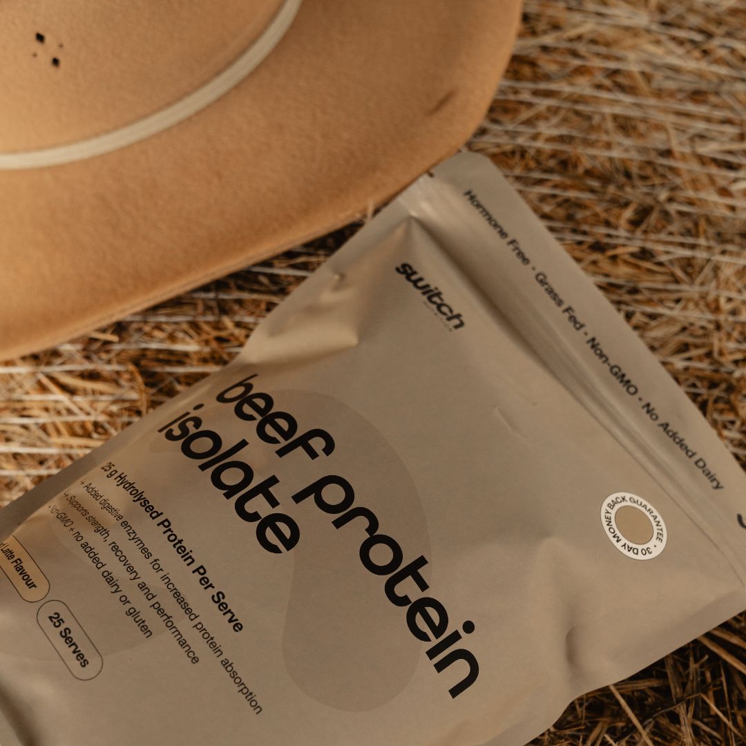 Grass-fed beef protein isolate HydroBEEF™ protein powder tub in Choc Sea Salt and Iced Latte flavours, dairy-free high protein supplement Nutrition Capital Australia, 15 and 25 serves packaging, hydrolysed beef protein for athletes and active lifestyle nutrition, clean label sports supplement branding.