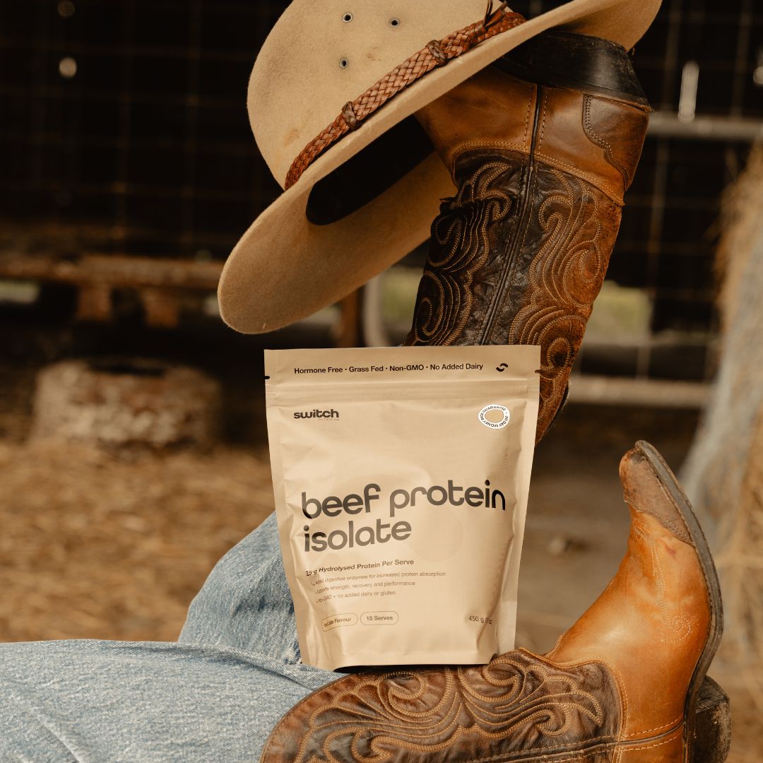 Grass-fed beef protein isolate HydroBEEF™ protein powder tub in Choc Sea Salt and Iced Latte flavours, dairy-free high protein supplement Nutrition Capital Australia, 15 and 25 serves packaging, hydrolysed beef protein for athletes and active lifestyle nutrition, clean label sports supplement branding.