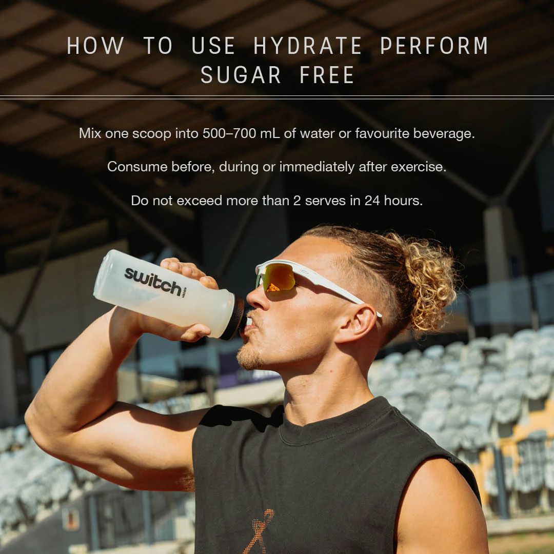 Switch Nutrition Hydrate Perform Sugar Free electrolyte powder tub showing hydration supplement with sodium, potassium, taurine and vitamins for performance hydration