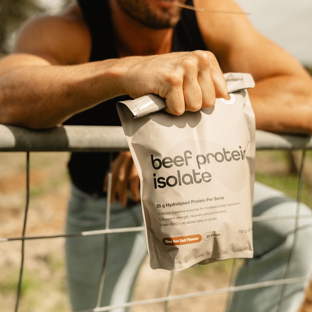 Grass-fed beef protein isolate HydroBEEF™ protein powder tub in Choc Sea Salt and Iced Latte flavours, dairy-free high protein supplement Nutrition Capital Australia, 15 and 25 serves packaging, hydrolysed beef protein for athletes and active lifestyle nutrition, clean label sports supplement branding.