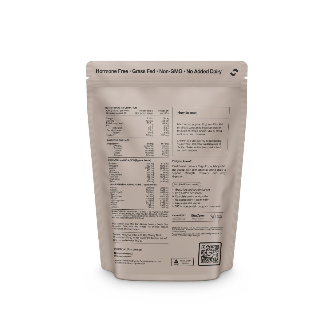 Grass-fed beef protein isolate HydroBEEF™ protein powder tub in Choc Sea Salt and Iced Latte flavours, dairy-free high protein supplement Nutrition Capital Australia, 15 and 25 serves packaging, hydrolysed beef protein for athletes and active lifestyle nutrition, clean label sports supplement branding.
